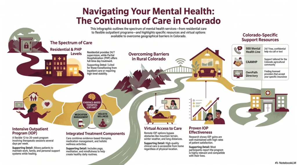 Infographic titled "Navigating Your Mental Health: The Continuum of Care in Colorado" showing residential and PHP levels, intensive outpatient program (IOP), integrated treatment components, virtual access for rural areas, proven IOP effectiveness, and Colorado support resources including the 988 line, CAAMHP, and OwnPath.