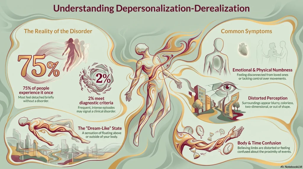 infographic detailing the reality and common symptoms of depersonalization-derealization disorder, including emotional numbness, distorted perception, and a dream-like state.