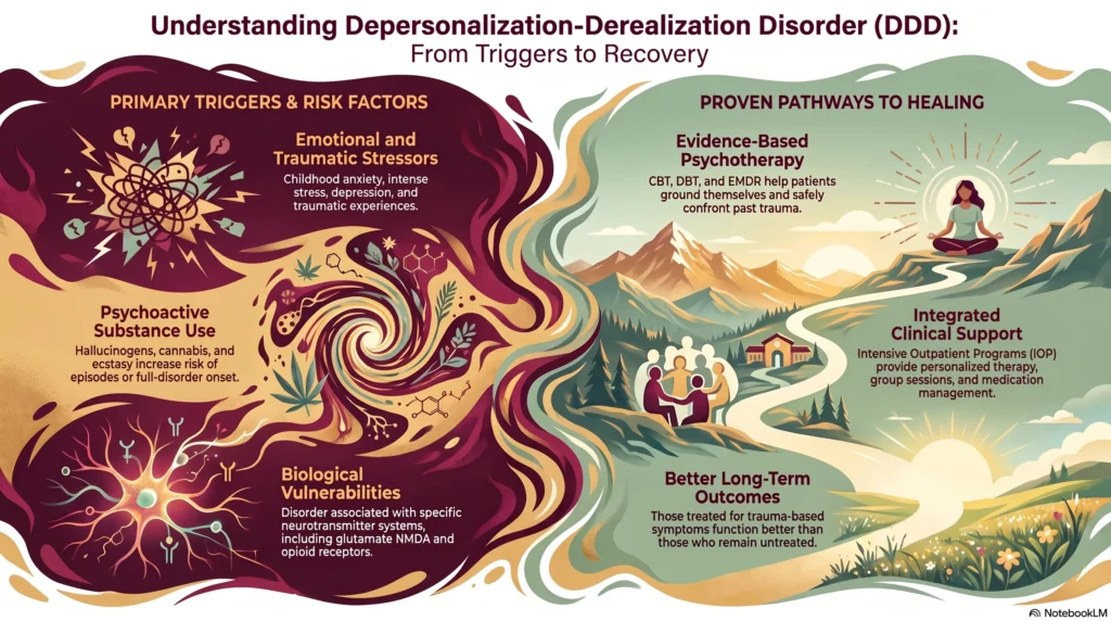 An infographic illustrating the primary triggers of depersonalization-derealization disorder like trauma and substances, alongside proven healing pathways like therapy and IOP.