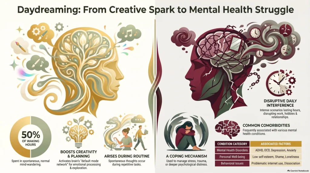 Infographic titled "Daydreaming: From Creative Spark to Mental Health Struggle" contrasting healthy daydreaming — spent in about half of waking hours, boosting creativity and planning, and arising during routine tasks — with maladaptive daydreaming as a coping mechanism marked by disruptive daily interference and common comorbidities like ADHD, OCD, depression, anxiety, low self-esteem, and problematic internet use.