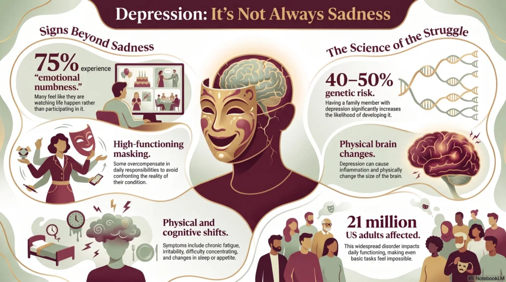 Infographic titled "Depression: It's Not Always Sadness" showing signs beyond sadness including 75% who experience emotional numbness, high-functioning masking, and physical and cognitive shifts, alongside the science of the struggle — a 40 to 50% genetic risk, physical brain changes, and 21 million US adults affected.