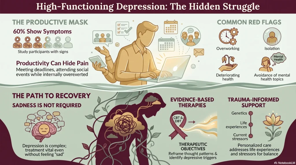 Infographic titled "High-Functioning Depression: The Hidden Struggle" showing the productive mask where 60% of study participants showed symptoms while appearing put together, common red flags like overworking, isolation, deteriorating health and avoidance of mental health topics, and a path to recovery through evidence-based therapies like CBT and DBT and trauma-informed support.