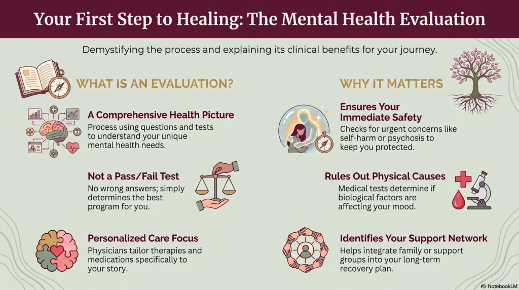 Infographic titled "Your First Step to Healing: The Mental Health Evaluation" explaining what an evaluation is — a comprehensive health picture that is not a pass or fail test and focuses on personalized care — and why it matters, including ensuring your immediate safety, ruling out physical causes, and identifying your support network.