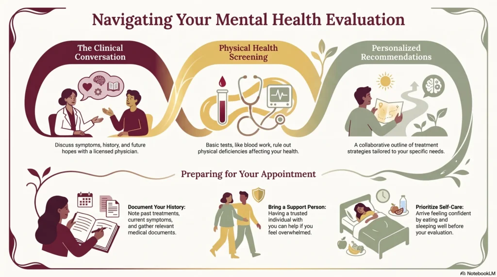 Infographic titled "Navigating Your Mental Health Evaluation" showing the three parts of the process — the clinical conversation with a licensed physician, physical health screening with basic tests like blood work, and personalized recommendations tailored to your needs — plus tips for preparing for your appointment by documenting your history, bringing a support person, and prioritizing self-care.