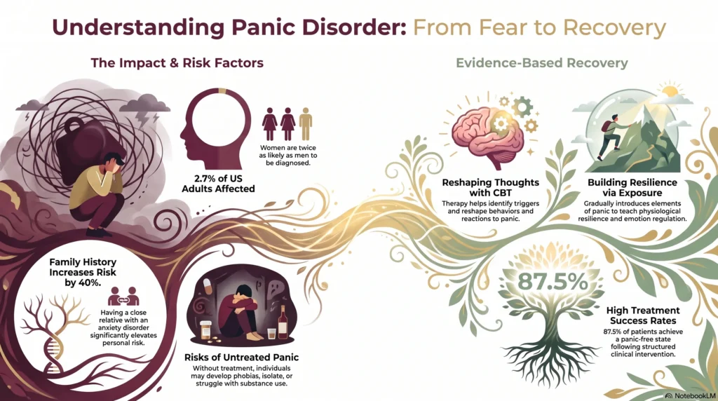 Infographic titled "Understanding Panic Disorder: From Fear to Recovery" showing impact and risk factors — 2.7% of US adults affected, women twice as likely to be diagnosed, family history raising risk by 40%, and risks of untreated panic — alongside evidence-based recovery through CBT, exposure therapy, and an 87.5% treatment success rate.