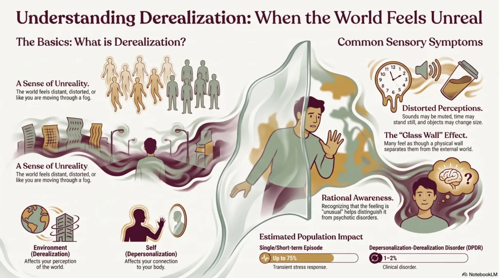 Infographic titled "Understanding Derealization: When the World Feels Unreal" explaining that derealization affects your perception of the world while depersonalization affects your connection to your body, common sensory symptoms like distorted perceptions and the glass wall effect, and that up to 75% of people experience a short-term episode while 1-2% have depersonalization-derealization disorder.