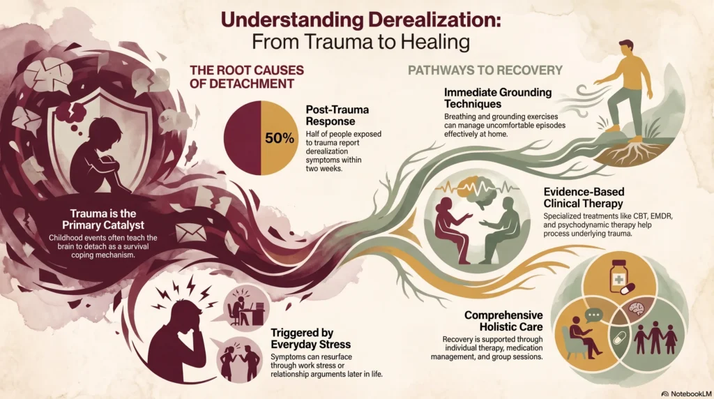 Infographic titled "Understanding Derealization: From Trauma to Healing" showing the root causes of detachment — trauma as the primary catalyst, everyday stress triggers, and that half of people exposed to trauma report derealization symptoms within two weeks — alongside pathways to recovery including grounding techniques, evidence-based clinical therapy like CBT and EMDR, and comprehensive holistic care.