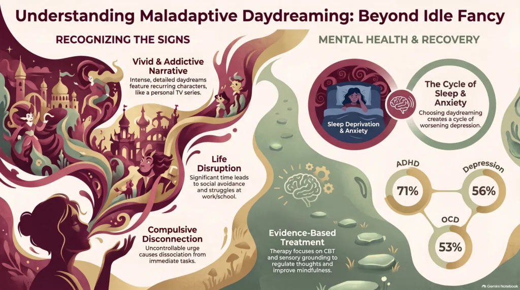 Infographic titled "Understanding Maladaptive Daydreaming: Beyond Idle Fancy" showing signs to recognize — a vivid and addictive narrative with recurring characters, life disruption, and compulsive disconnection — alongside mental health and recovery, including the cycle of sleep deprivation and anxiety, evidence-based treatment with CBT and sensory grounding, and comorbidity rates of 71% ADHD, 56% depression, and 53% OCD.