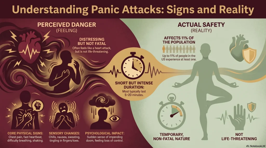 Infographic titled "Understanding Panic Attacks: Signs and Reality" contrasting perceived danger with actual safety — core physical signs like chest pain and fast heartbeat, sensory changes, and psychological impact on one side, and the reality that panic attacks affect up to 11% of the population, last 5 to 20 minutes, and are temporary and not life-threatening on the other.