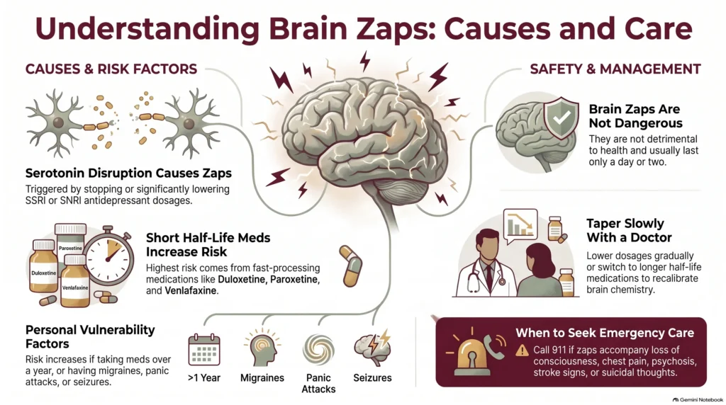 Infographic on understanding brain zaps, causes and care: causes and risk factors (serotonin disruption from stopping SSRIs or SNRIs, higher risk with short half-life medications like duloxetine, paroxetine, and venlafaxine, and personal vulnerability factors) alongside safety and management—brain zaps are not dangerous, taper slowly with a doctor, and when to seek emergency care.