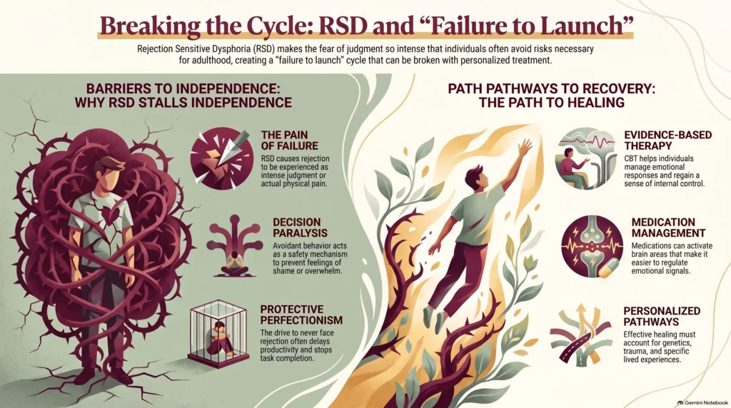 Infographic on breaking the RSD and 'failure to launch' cycle: barriers to independence (the pain of failure, decision paralysis, and protective perfectionism) and pathways to recovery through evidence-based CBT, medication management, and personalized treatment that accounts for genetics, trauma, and lived experience.