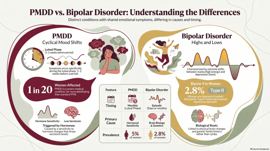 Infographic comparing PMDD and bipolar disorder: PMDD's cyclical mood shifts during the luteal phase (affecting 1 in 20 women, driven by hormone sensitivity and low serotonin) versus bipolar disorder's highs and lows (2.8% of women, often Bipolar II), plus a table contrasting timing, primary cause, and prevalence.