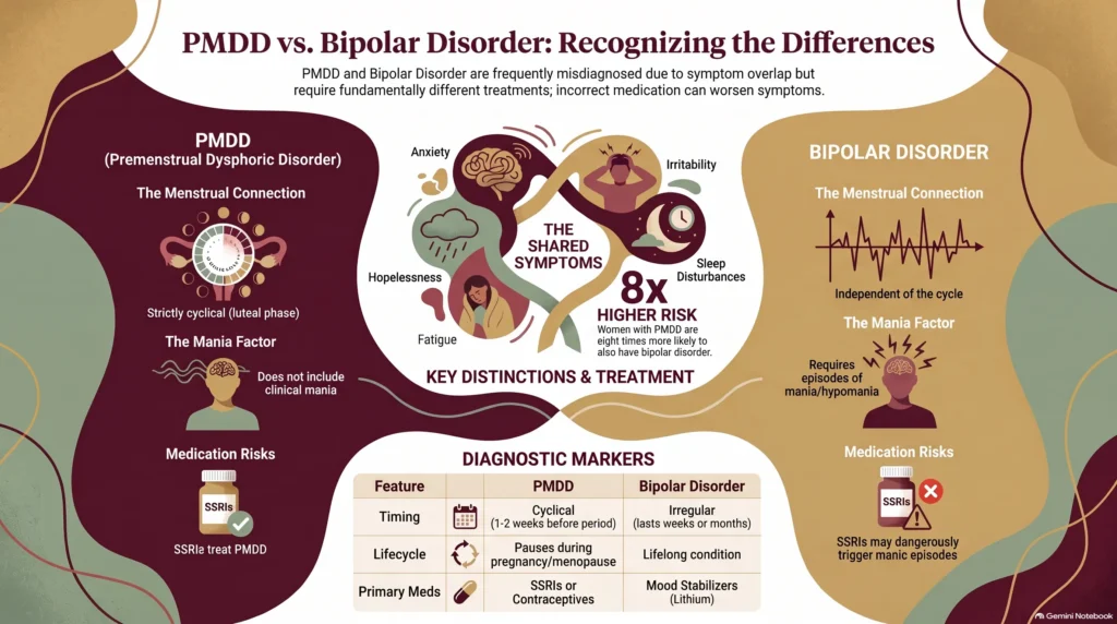 Infographic on recognizing PMDD versus bipolar disorder: shared symptoms like anxiety, hopelessness, irritability, fatigue, and sleep disturbances; women with PMDD have an 8x higher risk of bipolar disorder; and key distinctions in timing, lifecycle, and medication—SSRIs treat PMDD but may dangerously trigger mania in bipolar disorder.