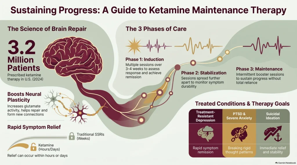 Infographic guide to ketamine maintenance therapy: the science of brain repair (3.2 million U.S. patients prescribed ketamine in 2024, boosted neural plasticity, and rapid symptom relief versus SSRIs) and the three phases of care—induction, stabilization, and maintenance—used to treat treatment-resistant depression, PTSD, severe anxiety, and suicidal ideation.