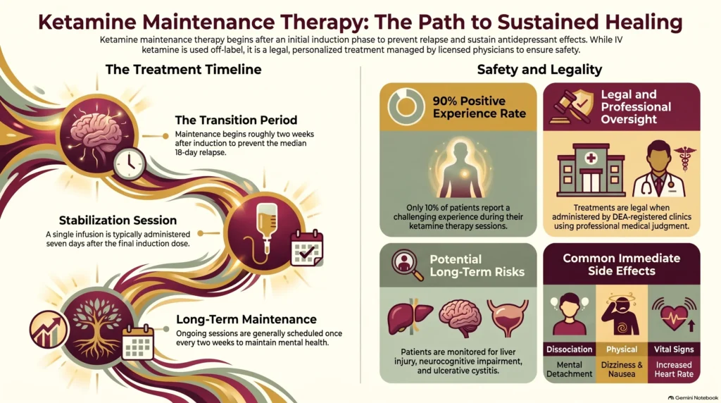 Infographic overview of ketamine maintenance therapy: the treatment timeline (transition period, stabilization session, and long-term maintenance) plus safety and legality, including a 90% positive experience rate, DEA-registered clinical oversight, potential long-term risks, and common immediate side effects.