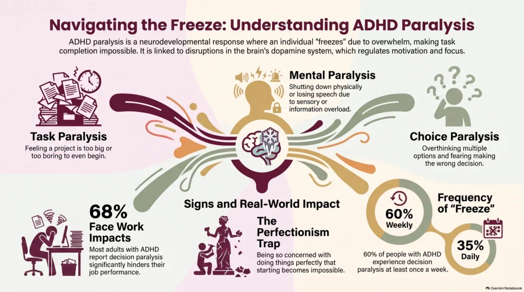 Infographic on ADHD paralysis: the three types (task, mental, and choice paralysis), signs and real-world impact including the perfectionism trap, and statistics showing 68% face work impacts, 60% freeze weekly, and 35% daily.
