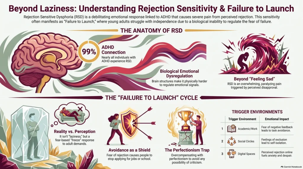 Infographic on rejection sensitivity and ADHD: the anatomy of RSD (99% of people with ADHD experience it, biological emotional dysregulation, and overwhelming pain beyond simple sadness) and the 'failure to launch' cycle—reality vs. perception, avoidance as a shield, the perfectionism trap, and trigger environments across work, social, and digital spaces.