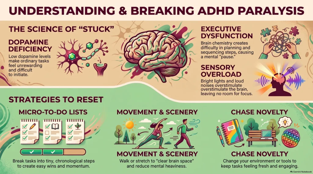 Infographic on understanding and breaking ADHD paralysis: the science of feeling stuck (dopamine deficiency, executive dysfunction, sensory overload) and reset strategies including micro-to-do lists, movement and scenery changes, and chasing novelty.